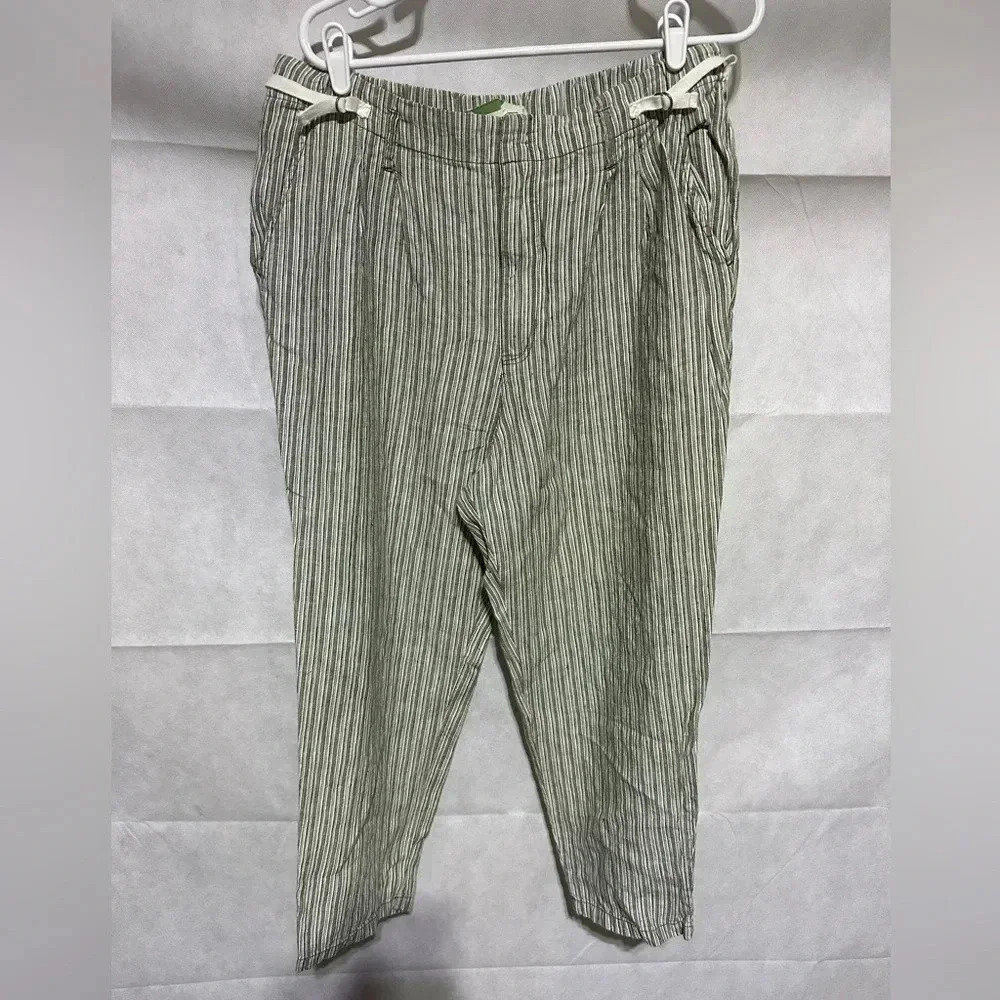 Anthropologie 100% Linen Green White Striped Pants Women’s Size 32 Beach Coastal
